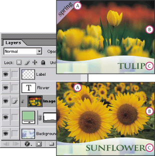 Two versions of a Web image based on the same template: A. Visibility variable B. Pixel Replacement variable C. Text Replacement variable