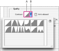 Illustration of Layer Style dialog box for Drop Shadow effect with these callouts: A. Click to display the Contour Editor dialog box B. Click to display the pop-up palette