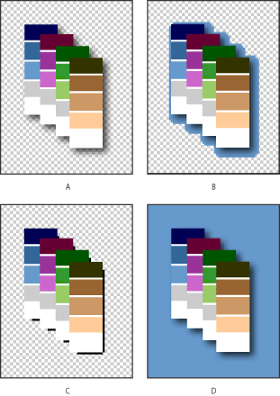 Illustration of transparency and matting with these callouts: A. Original image B. Transparency selected with a matte color C. Transparency selected with no matting D. Transparency deselected with a matte color