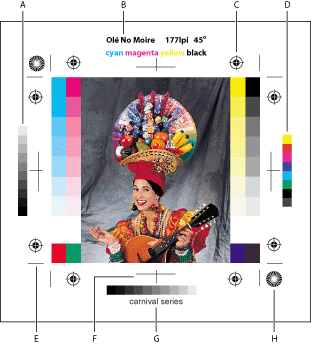 Illustration of Page marks with these callouts: A. Gradient tint bar B. Label C. Registration marks D. Progressive color bar E. Corner crop mark F. Center crop mark G. Caption H. Star target